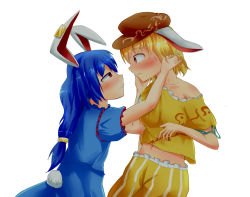 Rule 34 | 2girls, animal ears, bad id, bad pixiv id, blonde hair, blue dress, blue hair, blush, breasts, brown headwear, cowboy shot, crop top, dress, earclip, eye contact, flat cap, from side, frown, hair between eyes, hand in another&#039;s hair, hands on another&#039;s face, hat, long hair, looking at another, low-tied long hair, medium breasts, midoriiro (ryuisaw), midriff, multiple girls, navel, off shoulder, parted lips, puffy short sleeves, puffy sleeves, rabbit ears, rabbit tail, red eyes, ringo (touhou), seiran (touhou), shirt, short hair, short sleeves, shorts, sideways mouth, simple background, sweat, tail, thick eyebrows, touhou, white background, yellow shirt, yellow shorts, yuri