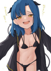 Rule 34 | 1girl, bikini, binsen, black bikini, black jacket, blue hair, breasts, commentary, cowboy shot, demon horns, demon tail, eyelashes, fangs, groin, half-closed eyes, highres, horns, idolmaster, idolmaster million live!, jacket, light blush, long sleeves, looking at viewer, medium hair, nanao yuriko, navel, open clothes, open jacket, open mouth, single sidelock, small breasts, smile, solo, stomach, swimsuit, tail, thighs, translation request, white background, yellow eyes