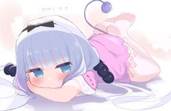 Rule 34 | 1girl, blue eyes, bow, child, dress, feet, female focus, gradient hair, grey hair, hair bow, highres, jitome, kanna kamui, kobayashi-san chi no maidragon, lying, multicolored hair, on bed, on stomach, pink hair, solo, tail, thighhighs, yinpa (wanone500511)