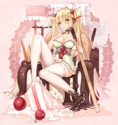 Rule 34 | 1girl, bad id, bad pixiv id, blonde hair, blush, breasts, cake, cherry, chocolate, chocolate on foot, cleavage, commentary request, dk.senie, food, fruit, large breasts, long hair, looking at viewer, original, revision, sitting, smile, solo, thighhighs, tongue, tongue out, twintails, very long hair, white thighhighs, yellow eyes