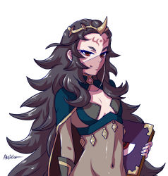 Rule 34 | 1girl, akairiot, bad id, bad tumblr id, black hair, bodystocking, book, breasts, cape, circlet, cleavage cutout, cloak, clothing cutout, covered mouth, covered navel, eyelashes, facial mark, fake horns, fire emblem, fire emblem fates, flat chest, forehead mark, horned headwear, horns, long hair, messy hair, mouth veil, nintendo, nyx (fire emblem), red eyes, small breasts, smile, solo, tiara, upper body, veil, very long hair, white background