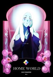 Rule 34 | 1girl, bags under eyes, blue diamond (steven universe), blue eyes, blue skin, bubble, character name, colored skin, crying, crying with eyes open, flower, gem, hand on own face, highres, long hair, nyong-choi, rose, solo, spoilers, steven universe, symbol-shaped pupils, tears, upper body, very long hair, white hair