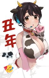 Rule 34 | 1girl, 2021, :o, animal ears, animal print, bare shoulders, blush, breasts, brown eyes, brown hair, collar, collarbone, commentary request, cow, cow ears, cow horns, cow print, cropped torso, elbow gloves, emoji, gloves, hand up, headset, highres, horns, idolmaster, idolmaster cinderella girls, large breasts, looking at viewer, navel, oikawa shizuku, open mouth, red collar, short hair, smile, solo, stomach, translation request, yuzuhota0313