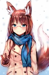 Rule 34 | 1girl, animal ears, arm at side, blue eyes, blue scarf, blush, brown hair, buttons, closed mouth, coat, double-breasted, fox ears, fox girl, fox tail, fringe trim, glasses, gradient background, hand up, highres, long hair, looking at viewer, mittens, original, red-framed eyewear, scarf, semi-rimless eyewear, sidelocks, smile, solo, sukemyon, tail, tsurime, under-rim eyewear, upper body, v