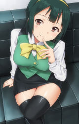Rule 34 | 1girl, black thighhighs, bow, breasts, couch, crossed legs, green hair, hairband, hashi, highres, idolmaster, idolmaster (classic), index finger raised, looking at viewer, mole, mole under mouth, otonashi kotori, pencil skirt, red eyes, short hair, sitting, skirt, smile, solo, thighhighs, zettai ryouiki