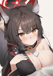 Rule 34 | 1girl, absurdres, animal ear fluff, animal ears, black shirt, blue archive, blush, breasts, brown hair, cleavage, collarbone, fox ears, fox tail, halo, hand on own chest, highres, large breasts, long hair, looking at viewer, lying, on stomach, seya (sseya33), shirt, simple background, single bare shoulder, solo, sweat, tail, very long hair, wakamo (blue archive), white background, yellow eyes