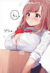 Rule 34 | &gt;:(, 1girl, absurdres, black skirt, bow, bowtie, box, bra, breast rest, breasts, brown hair, cardboard box, carried breast rest, carrying, cleavage, collared shirt, dress shirt, flying button, grey bra, highres, inconvenient breasts, kaisen chuui, large breasts, long hair, motion lines, non-web source, original, page number, popped button, purple eyes, red bow, red bowtie, scan, school uniform, shirt, sidelocks, simple background, skirt, sleeves rolled up, solo, speech bubble, sweat, translated, underwear, white background, wing collar