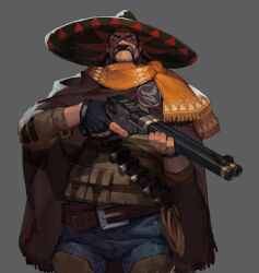 Rule 34 | 1boy, beard stubble, copyright request, cowboy shot, facial hair, fl (l-fl), gun, hat, holding, holding gun, holding weapon, large belt, long mustache, male focus, medium hair, official art, old, old man, solo, sombrero, stubble, thick eyebrows, thick mustache, weapon, weapon request, wrinkled skin