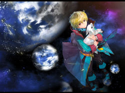Rule 34 | 1boy, animal, belt, blonde hair, boots, brown eyes, carrying, child, closed mouth, earth (planet), from above, full body, gopye (hyeingo), le petit prince, male focus, planet, reflection, scarf, sheep, solo, space, star (sky), star (symbol)