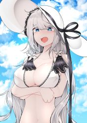 Rule 34 | 1girl, azur lane, bikini, black ribbon, blue eyes, breast hold, breasts, cleavage, cloud, cloudy sky, crossed arms, hair ornament, hat, highres, illustrious (azur lane), large breasts, long hair, navel, open mouth, ribbon, samip, sky, solo, sun hat, swimsuit, very long hair, white bikini, white hair, white hat