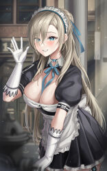 Rule 34 | 1girl, absurdres, apron, asuna (blue archive), black dress, blue archive, blue eyes, blue ribbon, blush, breasts, cowboy shot, dress, frilled apron, frills, gloves, grin, hair over one eye, highres, illust sucong, large breasts, light brown hair, long hair, looking at viewer, maid, maid apron, maid headdress, mole, mole on breast, neck ribbon, puffy short sleeves, puffy sleeves, ribbon, short sleeves, smile, solo, white apron, white gloves