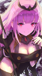 Rule 34 | 1girl, blunt bangs, breasts, brooch, cleavage, hand on own chest, highres, hololive, hololive english, jewelry, large breasts, long hair, lrig, mori calliope, mori calliope (1st costume), nail polish, pink hair, red eyes, scythe, smile, solo, spikes, tiara, virtual youtuber