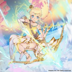 Rule 34 | 1girl, anklet, armlet, arrow (projectile), barefoot, blonde hair, blue eyes, blue nails, bow (weapon), bracer, build divide, cloud, commentary request, diadem, drawing bow, earrings, electricity, floating, full body, holding, holding bow (weapon), holding weapon, hoop earrings, jewelry, nail polish, neck ring, side slit, sidelocks, smile, solo, takami masahiro, thighlet, toenail polish, toenails, toes, watermark, weapon