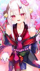 Rule 34 | 1girl, bare shoulders, bell, blush, bridge, cherry blossoms, collarbone, double bun, dress, fang, hair bun, hair ornament, highres, hololive, horn ornament, horns, japanese clothes, kouhaku nawa, long hair, looking at viewer, mask, multicolored hair, nakiri ayame, nakiri ayame (1st costume), off-shoulder dress, off shoulder, oni, oni mask, open mouth, pom pom (clothes), poyoyo (nakiri ayame), red eyes, red hair, rope, shimenawa, silver hair, skin-covered horns, sleeves past wrists, smile, solo, sorataka0930, streaked hair, sword, virtual youtuber, weapon