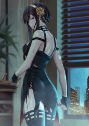 Rule 34 | 1girl, absurdres, ass, black dress, black footwear, black gloves, black hair, blood, bloody weapon, boots, braid, breasts, building, cityscape, cowboy shot, dagger, dress, earrings, fingerless gloves, french braid, gloves, gold earrings, gold hairband, hairband, highres, holding, holding dagger, holding knife, holding weapon, jewelry, knife, large breasts, red eyes, short hair with long locks, sidelocks, sleeveless, sleeveless dress, solo, spy x family, standing, stiletto (weapon), thigh boots, thighhighs, two-sided dress, two-sided fabric, weapon, window, yor briar, yunkaiming