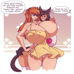 Rule 34 | 2girls, alternate breast size, animal ears, black hair, blue eyes, grabbing another&#039;s breast, breasts, cat ears, cat tail, curvy, dress, eyepatch, gigantic breasts, grabbing, groping, large nipples, looking at viewer, multiple girls, n647, neon genesis evangelion, nipples, one breast out, orange eyes, orange hair, short dress, souryuu asuka langley, speech bubble, tail, thick thighs, thighs, wide hips
