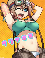 Rule 34 | 1girl, blue eyes, breasts, goggles, meme50, one eye closed, open fly, panties, pixiv robot wars, short hair, solo, striped clothes, striped panties, suspenders, tank top, translation request, underwear, unzipped, wink, wrench