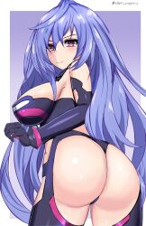 Rule 34 | 1girl, ass, bare shoulders, blush, breasts, choujigen game neptune, come hither, compile heart, elbow gloves, from behind, gloves, highres, huge ass, iris heart, kami jigen game neptune v, large breasts, long hair, looking at viewer, neptune (series), purple eyes, purple hair, sideboob, smile, solo, stiris rangetsu, thighhighs, thong, very long hair