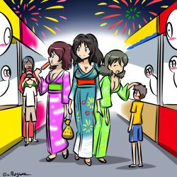 Rule 34 | 2boys, 4girls, bag, black eyes, black hair, blush, breasts, brown hair, cleavage, closed mouth, commentary, corn dog, dark skin, eating, el (girls und panzer), closed eyes, festival, fireworks, girls und panzer, green kimono, hair intakes, hand on another&#039;s head, handbag, holding, japanese clothes, kimono, kogane (staygold), large breasts, leaning forward, long hair, long sleeves, lowres, medium hair, multiple boys, multiple girls, multiple others, night, obi, one-hour drawing challenge, open mouth, print kimono, purple kimono, sash, shadow, smile, standing, standing on one leg, tristana (girls und panzer), twitter username, viridiana (girls und panzer)