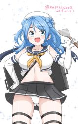 Rule 34 | 1girl, blue eyes, blue hair, dated, double bun, elbow gloves, from below, frying pan, gloves, gluteal fold, grey sailor collar, hair bun, hat, kantai collection, masara (chuujou), midriff, navel, neckerchief, one-hour drawing challenge, open mouth, panties, pleated skirt, round teeth, sailor collar, sailor hat, school uniform, serafuku, skirt, sleeves rolled up, smile, socks, solo, sparkle background, spatula, teeth, twitter username, underwear, upper teeth only, urakaze (kancolle), white background, white gloves, white hat, white panties, white socks, yellow neckerchief