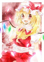 Rule 34 | 1girl, ascot, bad id, bad pixiv id, blonde hair, blush, bow, crystal, fang, female focus, flandre scarlet, hat, hat bow, light particles, magic circle, open mouth, petals, puffy sleeves, red eyes, sakuragi, sakuragi (ysrg), short hair, short sleeves, side ponytail, solo, touhou, wings