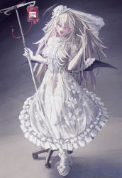 Rule 34 | 1girl, bat wings, blonde hair, blood, blood bag, bow, dress, eyes visible through hair, fang, floral print, flower, frilled dress, frilled thighhighs, frills, gloves, glowing, glowing eyes, hand in own hair, hat, hat flower, head wings, high heels, highres, holding, intravenous drip, long hair, low wings, neck ribbon, open mouth, original, osobachan, pink eyes, ribbon, rose, see-through, solo, standing, standing on one leg, thighhighs, vampire, veil, white bow, white dress, white flower, white footwear, white gloves, white hat, white ribbon, white rose, white thighhighs, wings