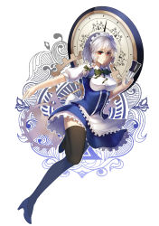 Rule 34 | 1girl, absurdres, adapted costume, between fingers, black thighhighs, blouse, blue dress, braid, center opening, cleavage cutout, clock, clothing cutout, dress, female focus, full body, gears, high heels, highres, holding, holding knife, hou akira, izayoi sakuya, knife, knives between fingers, maid, maid headdress, puffy short sleeves, puffy sleeves, red eyes, shirt, short hair, short sleeves, skirt, solo, standing, standing on one leg, thighhighs, touhou, twin braids, white hair, white shirt