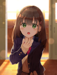 Rule 34 | 1girl, 7 calpis 7, :o, backlighting, black jacket, blazer, blush, brown hair, brown sweater, clothes grab, collared shirt, commentary request, glint, green eyes, hair between eyes, hair ornament, hairclip, hand up, highres, indoors, jacket, long hair, long sleeves, looking at viewer, open clothes, open jacket, open mouth, original, out of frame, school uniform, shirt, signature, sleeve grab, sleeves past wrists, sliding doors, solo focus, sunlight, sunset, sweater, white shirt, window, wooden floor