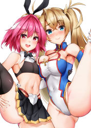 Rule 34 | 1boy, 1girl, absurdres, astolfo (fate), astolfo (saber) (fate), bad id, bad pixiv id, bare shoulders, black bow, black skirt, blonde hair, blue eyes, blush, bow, bowtie, bradamante (fate), bradamante (first ascension) (fate), braid, breast press, breasts, cleavage, closed mouth, covered navel, elbow gloves, fate/grand order, fate (series), french braid, gloves, hair between eyes, hair intakes, highleg, highleg leotard, highres, large breasts, leg lift, leg up, leotard, long hair, looking at viewer, midriff, multicolored hair, navel, open mouth, panties, pink hair, purple eyes, sezok, short hair, skirt, smile, split, standing, standing on one leg, standing split, streaked hair, thighs, trap, twintails, underwear, very long hair