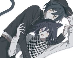Rule 34 | 2boys, animal ears, arm up, black headwear, black scarf, brown eyes, buttons, cat boy, cat ears, cat tail, checkered clothes, checkered scarf, danganronpa (series), danganronpa v3: killing harmony, fangs, hug, jacket, long sleeves, looking at viewer, looking up, lying, male focus, medium hair, multiple boys, oma kokichi, on back, on side, pants, purple eyes, saihara shuichi, scarf, seuli (sa404 3), short hair, simple background, smile, striped clothes, striped jacket, striped pants, tail, teeth, upper teeth only, white background, white scarf