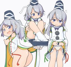 Rule 34 | 1girl, ass, blush, clothes lift, commentary request, grey hair, hat, highres, japanese clothes, lifted by self, looking at viewer, mononobe no futo, multiple views, open mouth, panties, pom pom (clothes), ponytail, purple eyes, simple background, skirt, socks, tate eboshi, thighs, touhou, turnip kabura, underwear, unworn skirt, wavy mouth, white background, wide sleeves, yellow panties