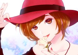 Rule 34 | 1girl, bare shoulders, biting, black shirt, blue background, brown eyes, brown hair, close-up, collarbone, fingernails, flower, gradient background, happy, hat, head tilt, highres, holding, holding flower, jewelry, jirou (asami0512jump), long sleeves, looking at viewer, meiko (vocaloid), nail polish, necklace, off-shoulder shirt, off shoulder, pink background, portrait, red hat, red lips, red nails, rose, shirt, short hair, simple background, smile, solo, sun hat, vocaloid, white background, white flower, white rose