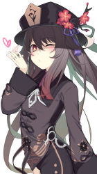 Rule 34 | 1girl, absurdres, black hat, black shorts, blowing kiss, brown hair, brown jacket, closed mouth, commentary, flower, flower-shaped pupils, genshin impact, hair between eyes, hand up, hat, hat flower, heart, highres, hu tao (genshin impact), jacket, jewelry, long hair, long sleeves, olive (laai), one eye closed, red eyes, red flower, ring, romaji commentary, short shorts, shorts, simple background, solo, symbol-shaped pupils, very long hair, white background, wide sleeves