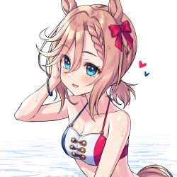 Rule 34 | 1girl, animal ears, bikini, blue eyes, blush, breasts, cleavage, commentary request, hair between eyes, hair ornament, heart, highres, horse ears, horse girl, horse tail, medium breasts, medium hair, ocean, portrait, ribbon, short twintails, solo, swimsuit, tail, tomo (tmtm mf mf), twintails, umamusume, venus paques (umamusume), white background