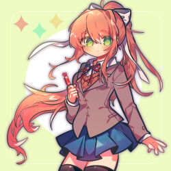 1girl arm_at_side black_thighhighs blazer blue_skirt blush bow brown_hair brown_jacket brown_sweater buttons collared_shirt colored_eyelashes commentary cowboy_shot doki_doki_literature_club english_commentary fingernails green_background green_eyes hair_between_eyes hair_bow high_ponytail highres holding holding_pen jacket lapels layered_sleeves long_hair long_sleeves looking_at_viewer miniskirt monika_(doki_doki_literature_club) neck_ribbon notched_lapels omoyu_(nakyu715) pen pleated_skirt ponytail red_ribbon ribbon shirt sidelocks simple_background skirt smile solo sparkle sweater thighhighs very_long_hair white_background white_bow white_shirt zettai_ryouiki