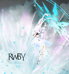 Rule 34 | 1girl, absurdres, blue eyes, boots, character name, copyright name, cropped jacket, cryokinesis, dress, fighting stance, frilled skirt, frills, full body, glowing, hair ornament, hair up, highres, ice, jewelry, long hair, long sleeves, magic circle, mizuki (mizuki ame), necklace, ponytail, profile, rapier, rwby, saber (weapon), skirt, solo, sword, very long hair, weapon, weiss schnee, white hair