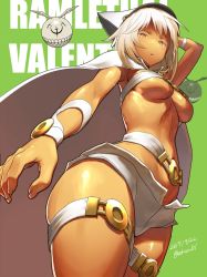Rule 34 | 1girl, :o, arm up, armpits, belt, belt bra, breasts, cape, dark skin, dark-skinned female, dated, from below, green background, guilty gear, guilty gear xrd, hat, highres, large breasts, looking at viewer, looking down, navel, open mouth, orange eyes, ramlethal valentine, short hair, short shorts, shorts, simple background, solo, standing, thigh strap, twitter username, underboob, white hair, zaki (narashigeo)
