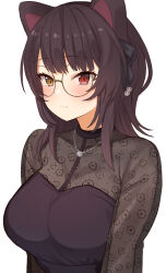 Rule 34 | 1girl, absurdres, animal ears, black dress, black ribbon, breasts, brown hair, choco tanuki, closed mouth, dog ears, dog girl, dress, eyelashes, glasses, hair ornament, hair ribbon, heterochromia, highres, inui toko, inui toko (5th costume), inui toko (6th costume), jewelry, lace sleeves, large breasts, medium hair, necklace, nijisanji, official alternate costume, red eyes, ribbon, round eyewear, see-through, see-through sleeves, sidelocks, simple background, solo, swept bangs, upper body, virtual youtuber, white background, yellow eyes