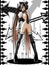 Rule 34 | 1girl, 3d, :p, android, aqua eyes, arrow (symbol), between breasts, black thighhighs, boots, bottomless, bow, breasts, calne ca (deino), checkered background, cross-laced footwear, crustacean, deino (deino3330), detached collar, detached sleeves, earrings, eyeshadow, female focus, frilled sleeves, frills, glowing, glowing eye, goth fashion, gothic lolita, hair bow, hair ribbon, hat, heterochromia, highres, isopod, jewelry, knee boots, lace, lace-up boots, lolita fashion, long hair, makeup, mini hat, mini top hat, multicolored hair, nail polish, naked necktie, nato-kun, necktie, necktie between breasts, original, puffy sleeves, pussy, revealing clothes, ribbon, ribs, solo, thighhighs, tongue, tongue out, top hat, two-tone hair, uncensored, very long hair, vocaloid