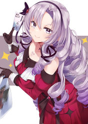 Rule 34 | 1girl, bare shoulders, between fingers, black gloves, breasts, brown gloves, censored, closed mouth, collarbone, commentary request, detached sleeves, dress, drill hair, gloves, grey background, grey hair, highres, holding, hyakumantenbara salome, hyakumantenbara salome (1st costume), irohara, juliet sleeves, long sleeves, medium breasts, mosaic censoring, nijisanji, puffy sleeves, purple eyes, red dress, red sleeves, smile, solo, sparkle, strapless, strapless dress, two-tone background, virtual youtuber, white background