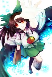 Rule 34 | 1girl, arm cannon, black hair, bow, breasts, brown hair, cape, female focus, gradient background, hair bow, long hair, outstretched arm, red eyes, reiuji utsuho, smile, socha, solo, third eye, touhou, very long hair, weapon, wings