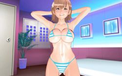 Rule 34 | 1girl, 3d, alternate breast size, animated, animated gif, armpits, arms behind head, bikini, bouncing breasts, breasts, brown hair, cleavage, dancing, large breasts, long hair, looking at viewer, misaka mikoto, naughty face, navel, short hair, smile, solo, stargate3d, striped bikini, striped clothes, swimsuit, thick thighs, thighhighs, thighs, toaru majutsu no index