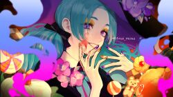 Rule 34 | 1girl, artist name, black ribbon, black shirt, blood, blood on face, blood on hands, blue hair, blue necktie, candy, collared shirt, commentary, english commentary, eyeshadow, flower, food, grin, hair ribbon, hands up, highres, lollipop, long hair, looking at viewer, makeup, minai mosa, necktie, orange nails, original, pink flower, puffy short sleeves, puffy sleeves, pumpkin, purple background, purple eyes, purple flower, purple nails, ribbon, shirt, short sleeves, smile, smoke, solo, twitter username, upper body, yellow eyeshadow