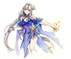 Rule 34 | 1girl, 203wolves, bare legs, blue dress, bracelet, breasts, cleavage, closed mouth, cropped legs, dress, floating hair, genshin impact, hair ornament, highres, jewelry, long hair, looking to the side, medium breasts, ningguang (genshin impact), ningguang (orchid&#039;s evening gown) (genshin impact), parted bangs, red eyes, signature, silver hair, simple background, smile, solo, very long hair, white background