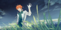 Rule 34 | 1boy, :d, ahoge, arlizi, arm up, blurry, blurry background, chaldea uniform, cloud, cloudy sky, closed eyes, facing viewer, fate/grand order, fate (series), gloves, grass, hair between eyes, highres, id card, lab coat, lanyard, male focus, open mouth, orange hair, outdoors, ponytail, romani archaman, sky, smile, star (sky), starry sky, white gloves