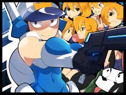Rule 34 | 6+girls, absurdres, blonde hair, chewing gum, d3writo, dog, gloves, gun, helmet, highres, hooligan sisters, leotard, long hair, mighty switch force!, multiple girls, patricia wagon, police, police uniform, short hair, sleeveless, ugly twitching dog, uniform, weapon