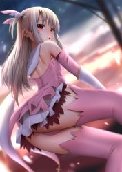 Rule 34 | 1girl, ass, back, bare shoulders, blonde hair, blush, cape, commentary, elbow gloves, english commentary, fate/kaleid liner prisma illya, fate (series), feather hair ornament, feathers, from behind, from below, ginhaha, gloves, hair ornament, highres, illyasviel von einzbern, long hair, looking at viewer, looking back, looking down, magical girl, open mouth, outdoors, pink shirt, pink thighhighs, pleated skirt, prisma illya, red eyes, shirt, skirt, sleeveless, sleeveless shirt, solo, thighhighs, two side up, white skirt