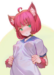 Rule 34 | 1girl, ahoge, animal ear fluff, animal ears, bell, black choker, blue sailor collar, blush, breasts, cat ears, cat girl, choker, collarbone, commentary, covered erect nipples, green eyes, head tilt, jingle bell, looking at viewer, nose blush, original, parted lips, pink hair, puffy short sleeves, puffy sleeves, sailor collar, sailor shirt, shirt, short hair, short sleeves, small breasts, solo, timbougami, white shirt