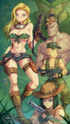 Rule 34 | 2021, 6+boys, alternate hair length, alternate hairstyle, american flag, android 16, android 17, android 18, assault rifle, bald, bandeau, bare arms, bare shoulders, black gloves, black hair, blonde hair, blood, blue eyes, boots, breasts, brother and sister, brown gloves, brown headwear, camouflage, camouflage pants, cell (dragon ball), cell junior, cleavage, clenched teeth, colored blood, covered erect nipples, cowboy hat, creature, cutoffs, dragon ball, dragonball z, dual wielding, earrings, facing viewer, finger on trigger, fingerless gloves, full body, gloves, goggles, goggles around neck, green blood, green headwear, groin, gun, handgun, hat, highres, holding, holster, imperfect cell, jammeryx, jewelry, juncle, knee boots, knife, kuririn, large breasts, looking at viewer, medium breasts, micro shorts, midriff, mohawk, monkey, monkey tail, monster, multiple boys, muscular, muscular male, navel, no nose, one piece, orange hair, pants, parody, patreon logo, predator (1987), predator (series), revolver, rifle, serious, sharp teeth, short shorts, shorts, siblings, signature, slit pupils, son goku, submachine gun, sweat, sweatdrop, tail, teeth, tony tony chopper, topless male, twitter logo, underboob, vest, watermark, weapon, web address