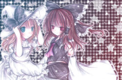 Rule 34 | 2girls, :o, alternate color, apron, ascot, bare shoulders, black bow, black vest, blonde hair, blue eyes, blush, bow, detached sleeves, dress, female focus, frills, hair bow, hair tubes, hakurei reimu, hat, hat bow, kasuga sunao, kirisame marisa, long sleeves, looking at viewer, multiple girls, parted lips, red hair, ribbon-trimmed sleeves, ribbon trim, sarashi, smile, touhou, upper body, vest, waist apron, white dress, wide sleeves, witch hat
